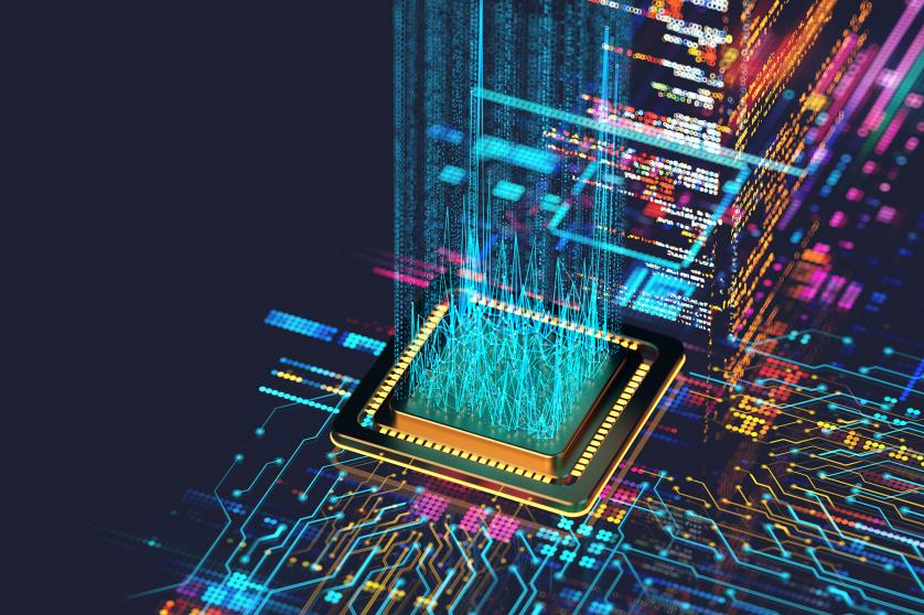 Digitální pozadí zobrazující inovativní technologie v oblasti umělých systémů (AI), neuronových rozhraní a internetových technologií strojového učení.